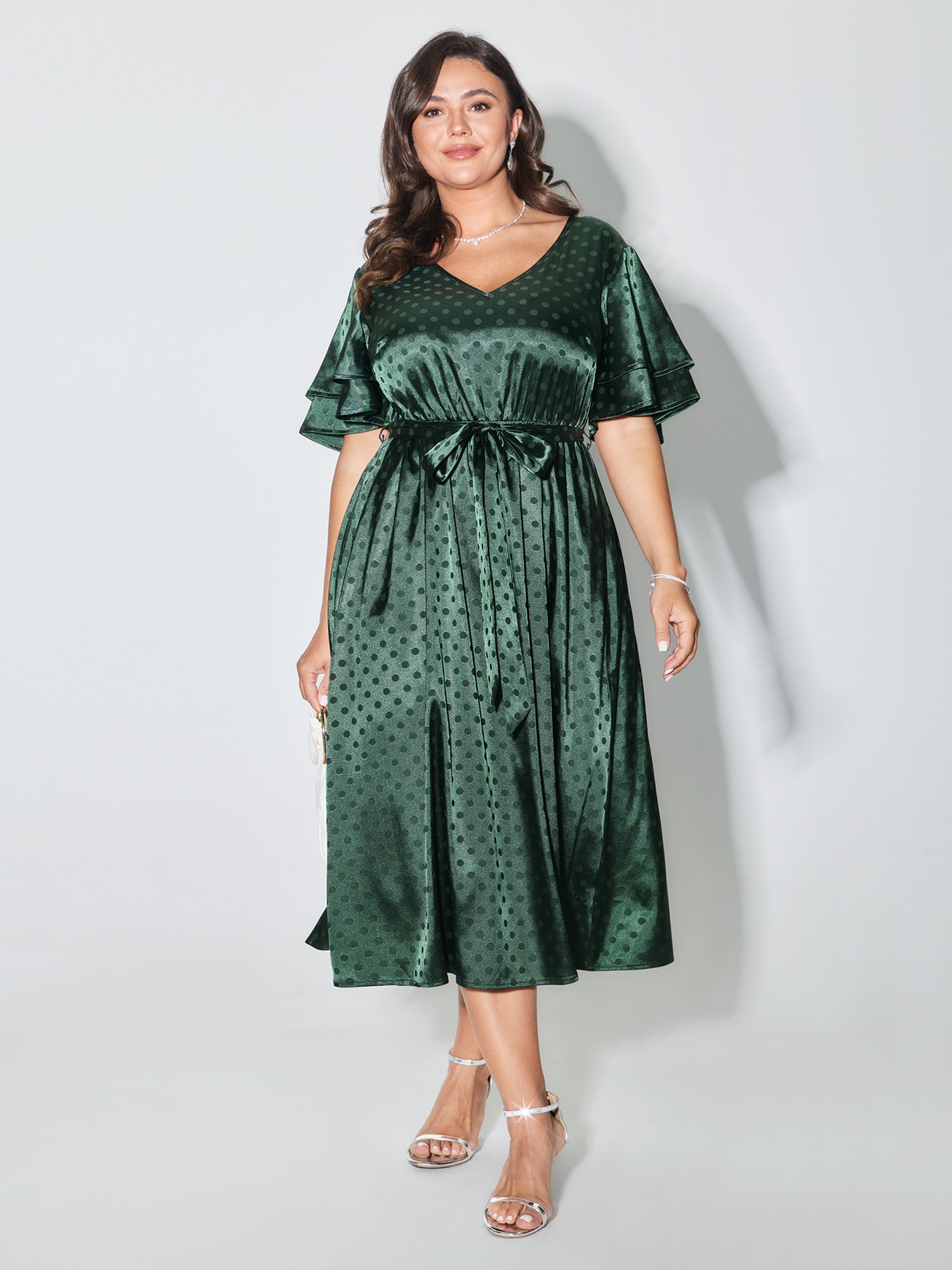 Polka Dots Jacquard Layered Ruffled Sleeve Midi Dress