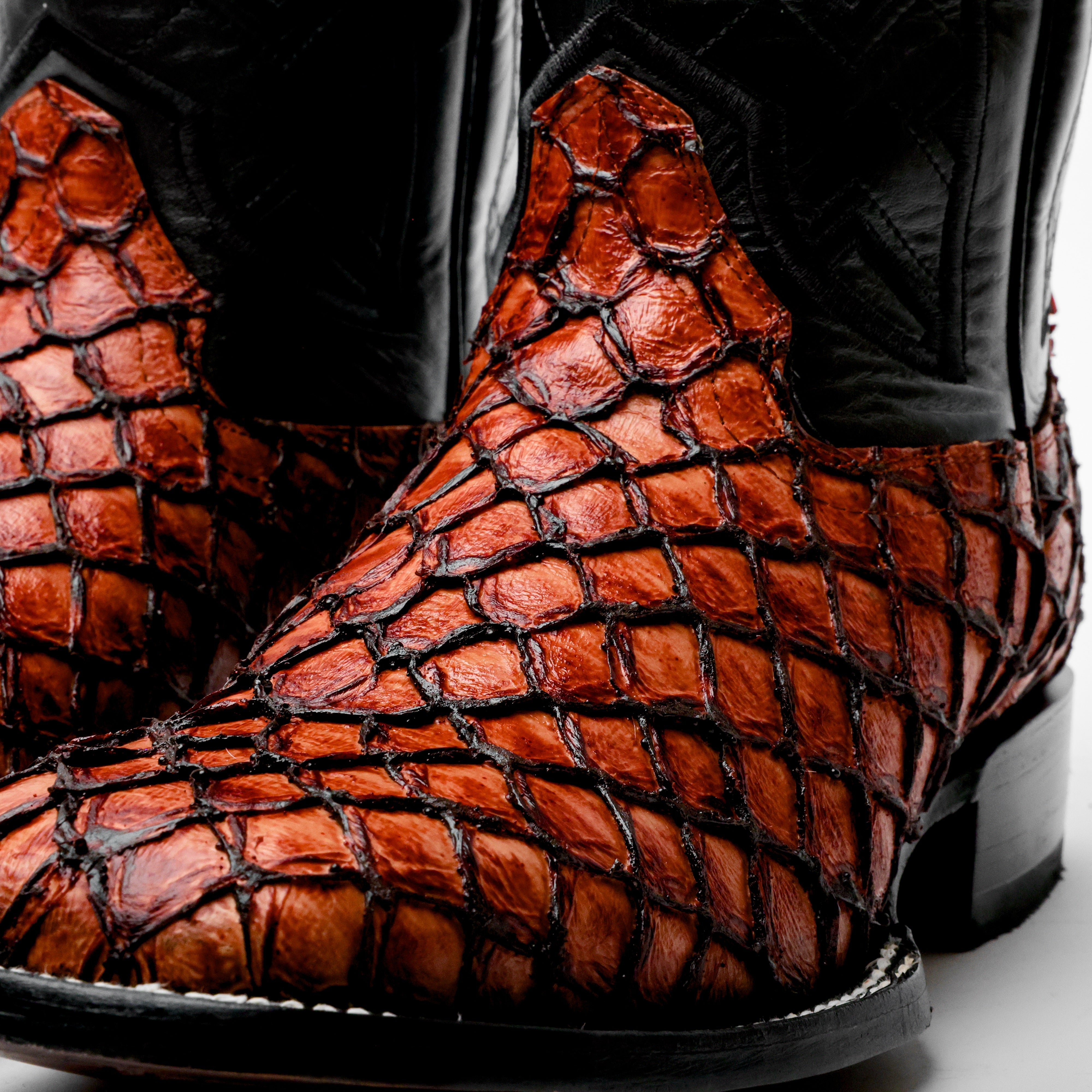 Cognac Mini Pirarucu Leather Boots - Square Toe