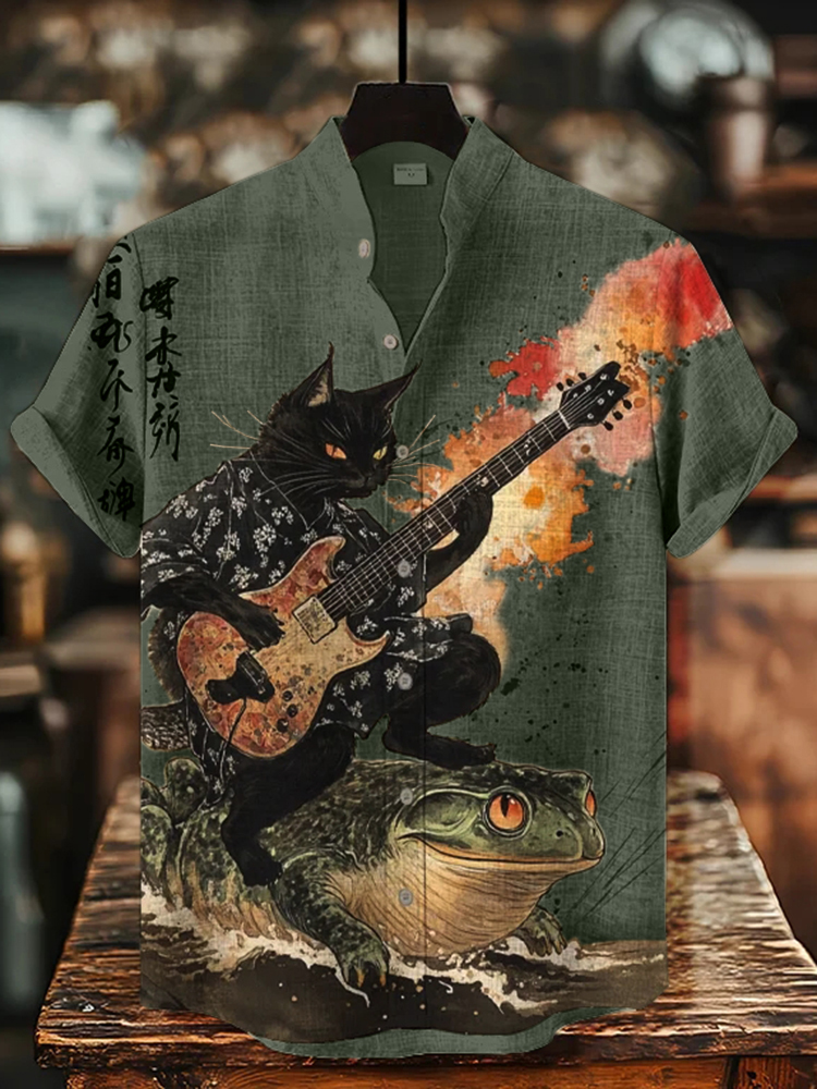 Men's Black Cat Riding On Toad Playing Guitar Print Short Sleeve Shirt
