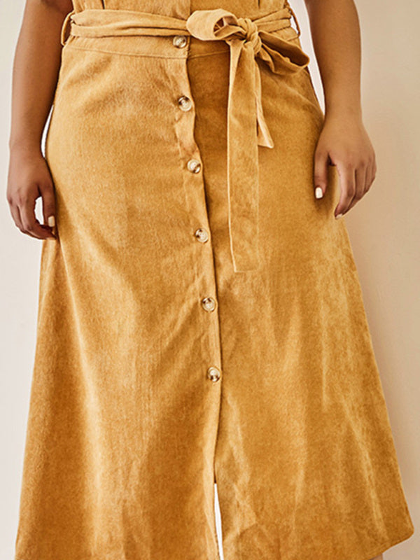 Plus Size Slim High Waist Corduroy Belt Single Breasted A Line Skirt