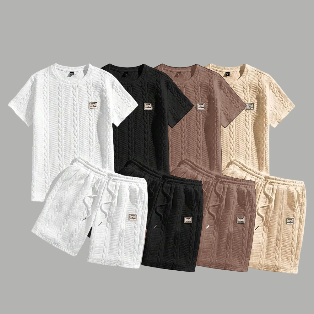 Summer men's jacquard textured fabric round neck short sleeved T-shirt and shorts set