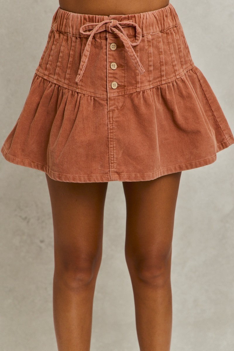 Mineral Wash Pintucked Corduroy Mini Flared Skirt