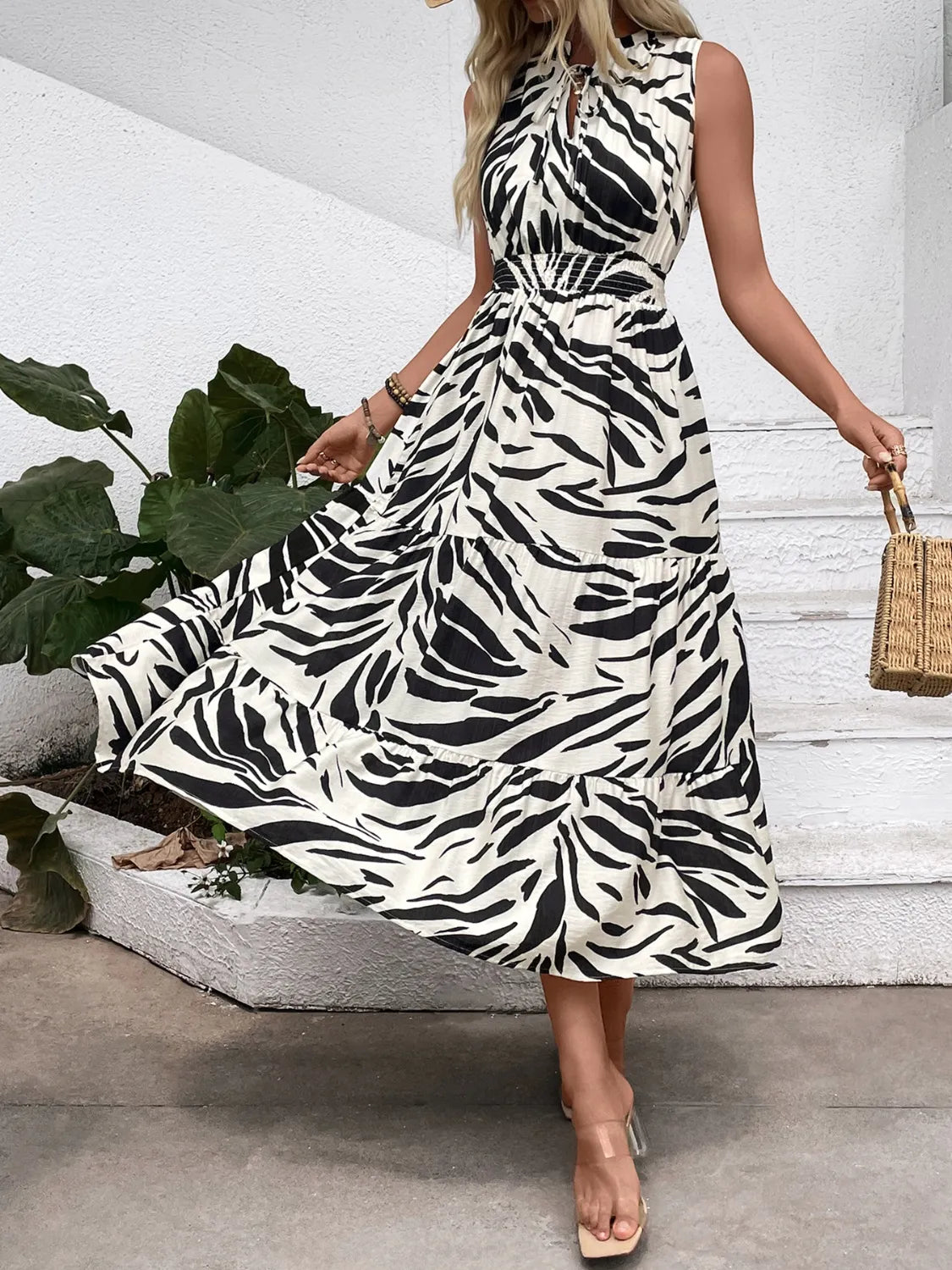 Printed Notched Sleeveless Midi Dress