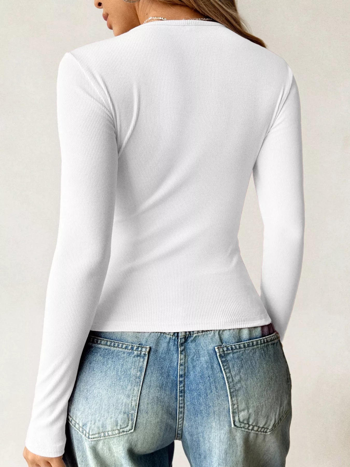 Ribbed Knit Long Sleeve Fitted T-Shirt