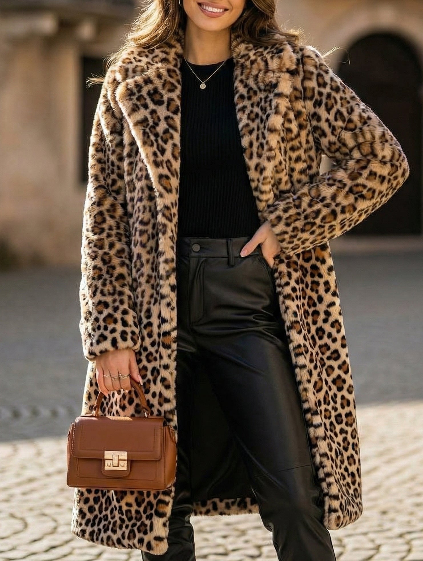 Stylish leopard print plush mid-length coat