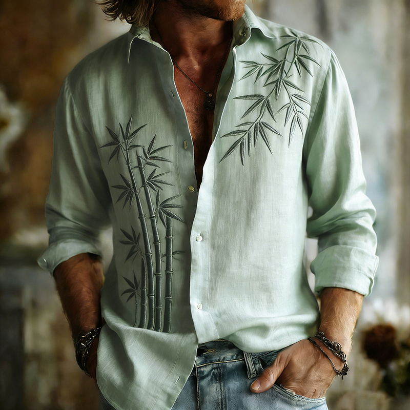 Men's Retro Bamboo Art Linen Long Sleeves Shirt