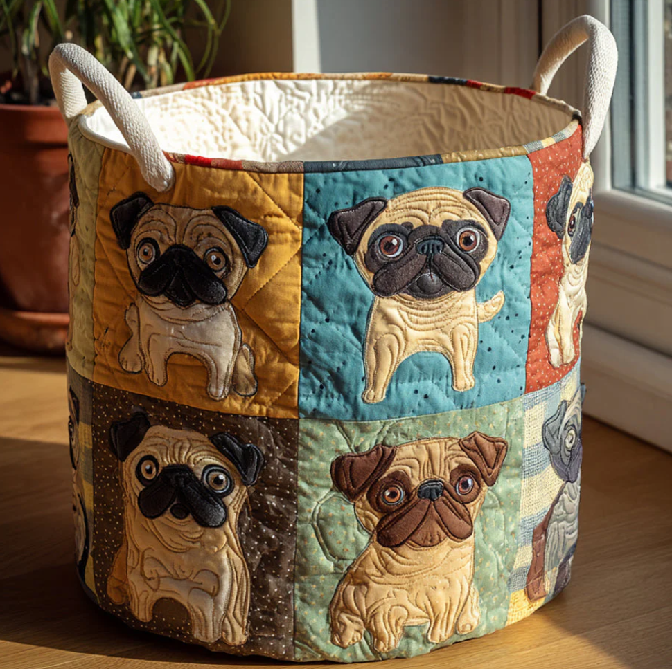 Cute Pug Friends Pattern Quilted Laundry Basket Eco-Friendly Machine Washable Storage Bin for Home Bedroom Bathroom Organization | Dog