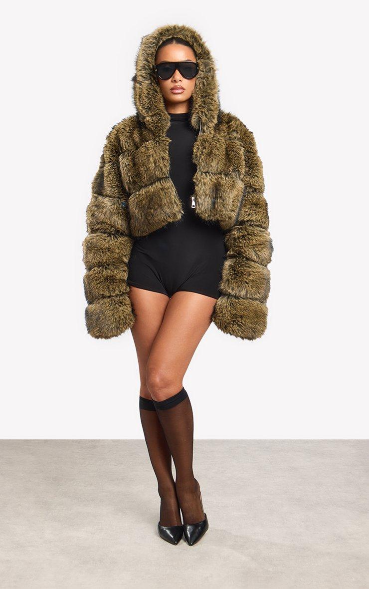 Hooded Cropped Puffer Coat In Brown Faux Fur
