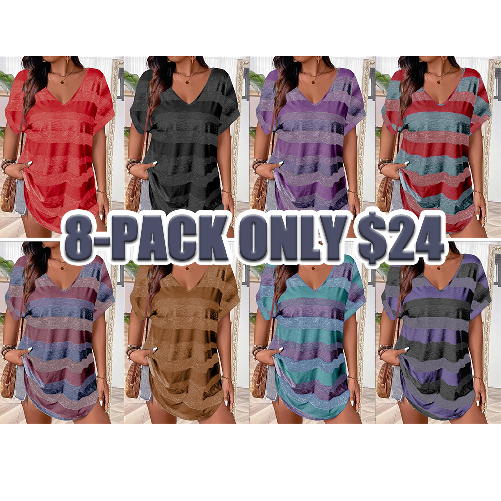 Plus Size Striped V-Neck T-Shirt for Women – Casual Summer Short Sleeve Top, Lightweight Breathable Tee for Daily Wear (Sizes S–5XL)