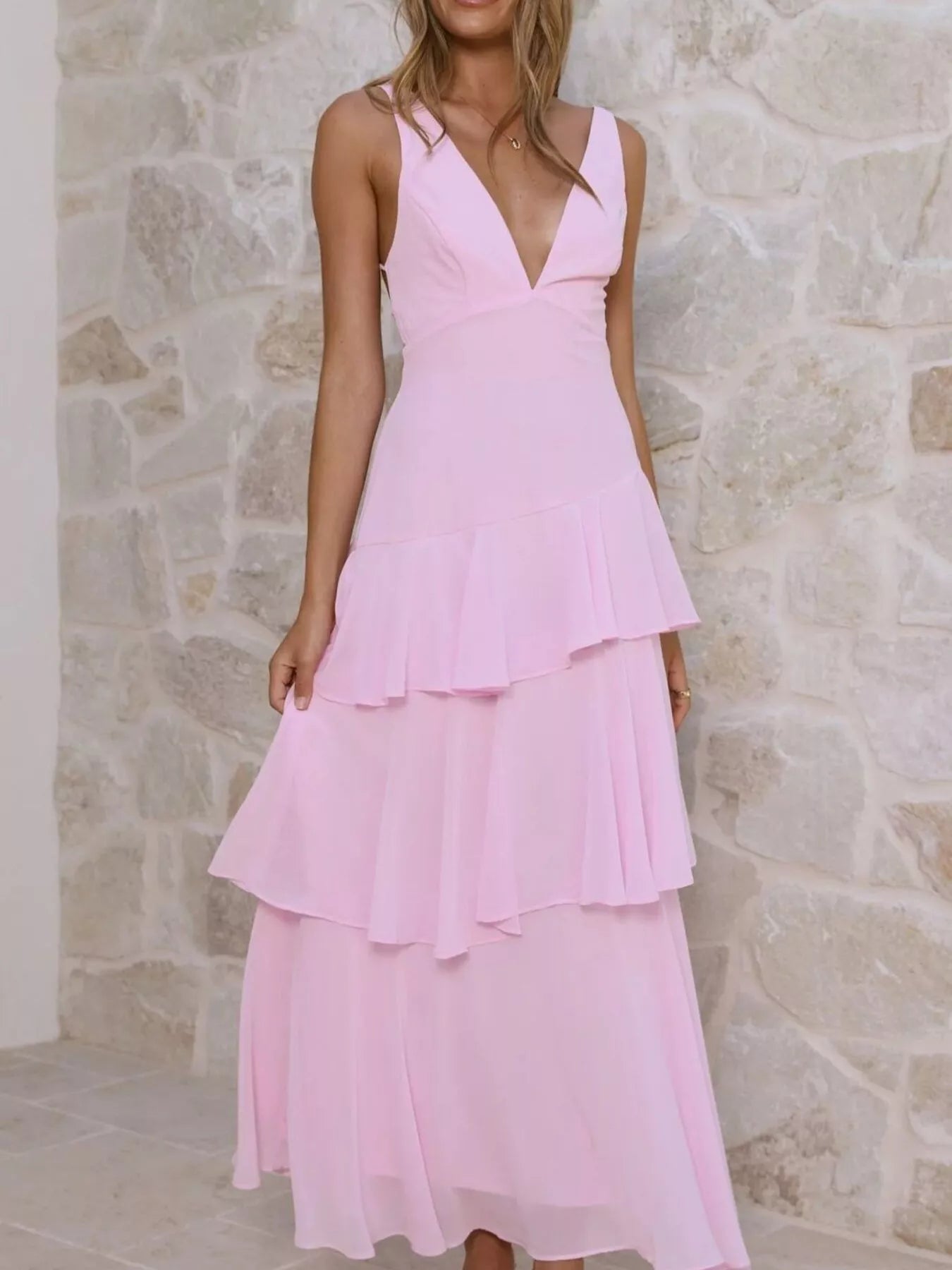 Sleeveless Ruffled Layered Backless Maxi Dress