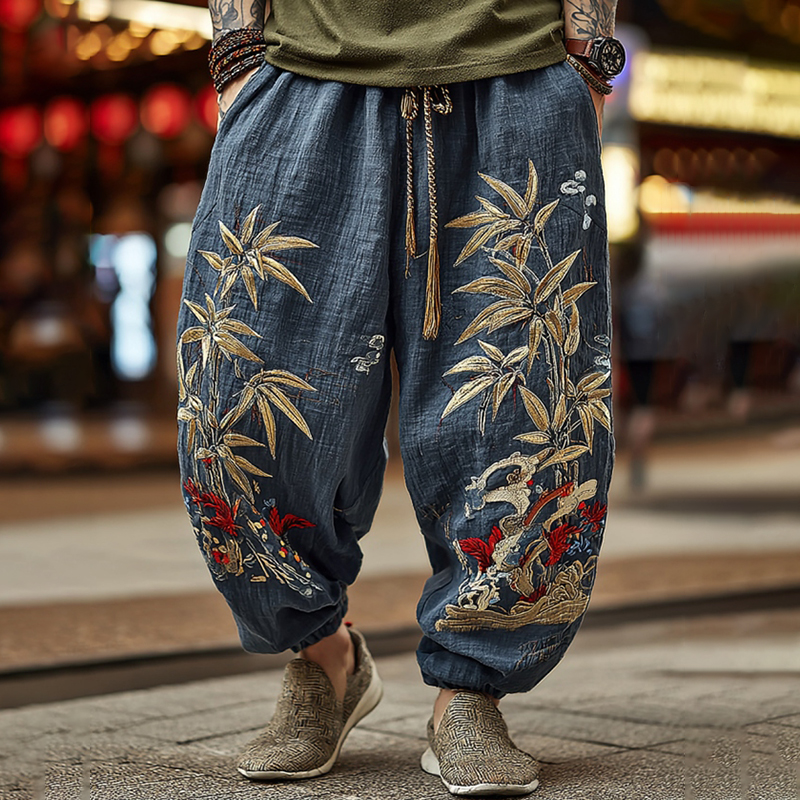 Men's Japanese Bamboo Art Flowy Wide Leg Linen Pants