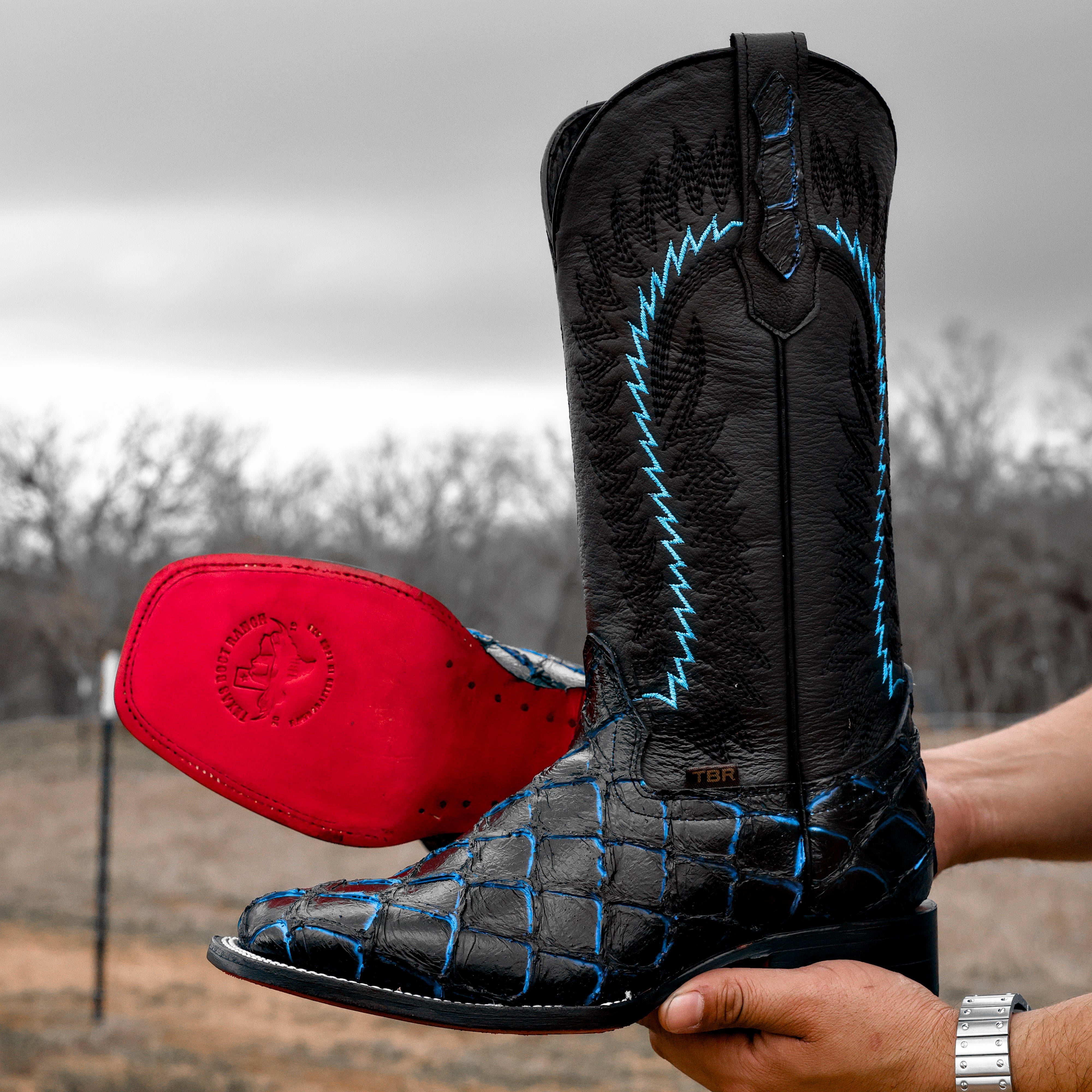 Midnight Blue Pirarucu Leather Boots - Square Toe