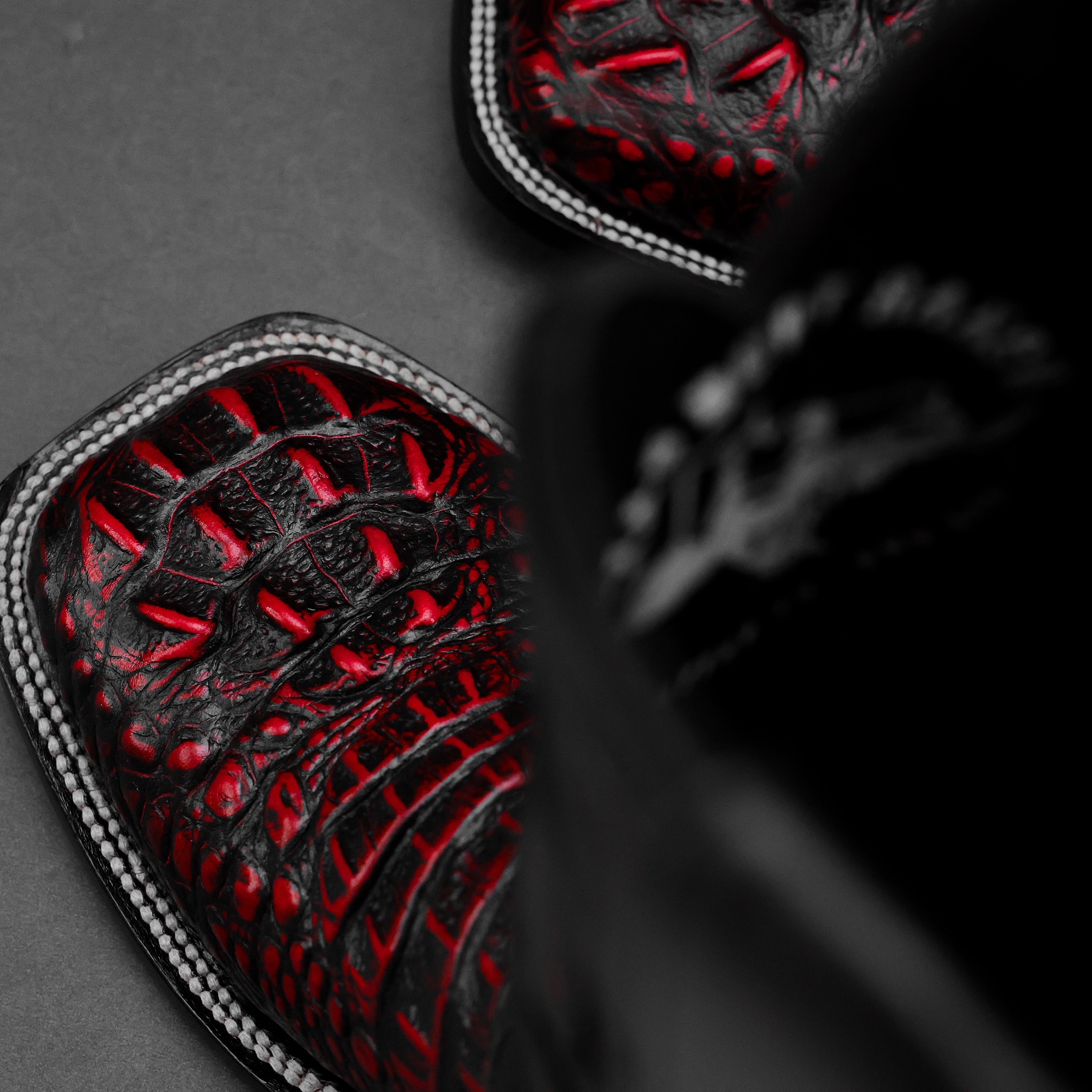 Black/Red Caiman Neck Leather Boots - Square Toe