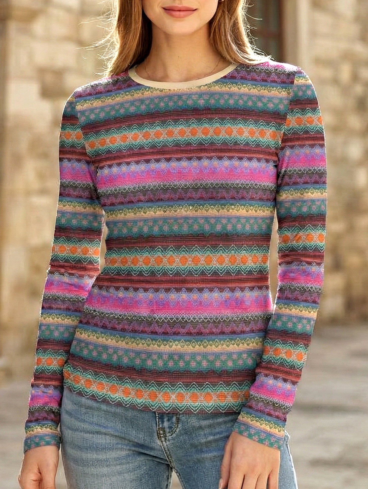 Colorful Stripe Long Sleeve Casual Tee_CWTTL01222