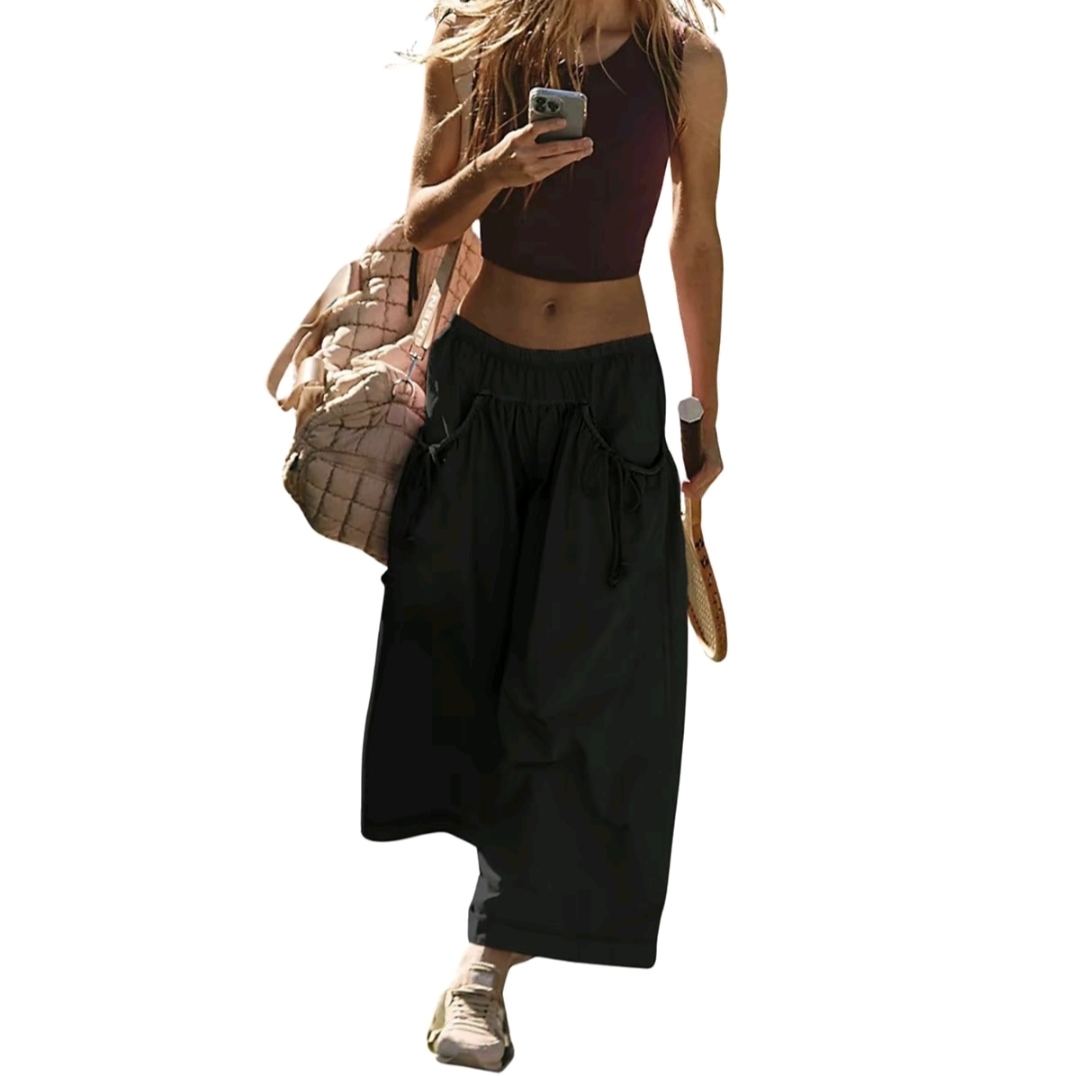 Women’s Loose Fit Wide Leg Track Pants – Elastic Waist Capris with Drawstring & Pockets for Hiking & Daily Wear