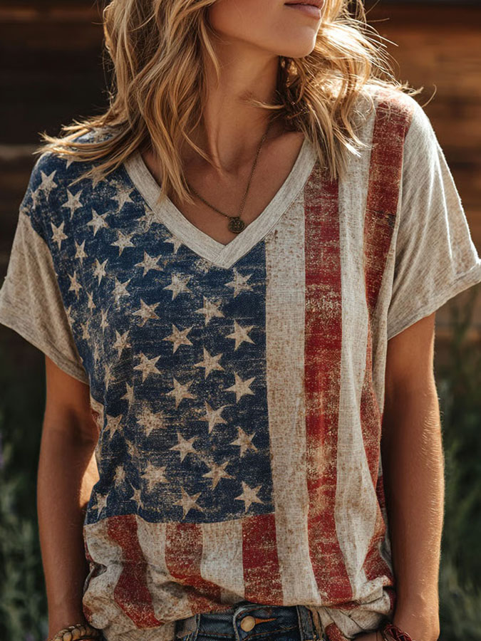 Women'S Retro Leisure Flower Flag Art American Independence Day Celebration Printed V-Neck Linen Short Sleeved T-Shirt