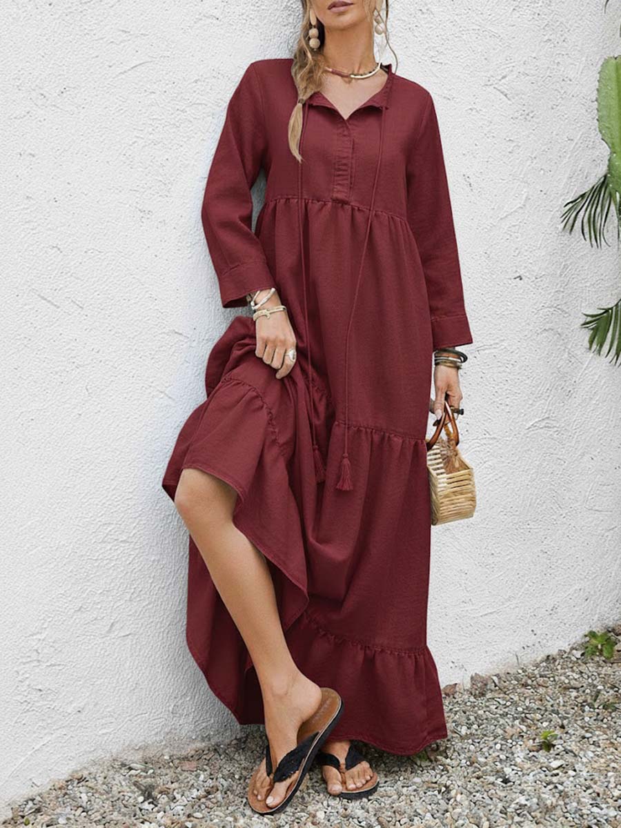 Women's Solid Color Round Neck Long Sleeve Casual Loose Cotton Linen Dress