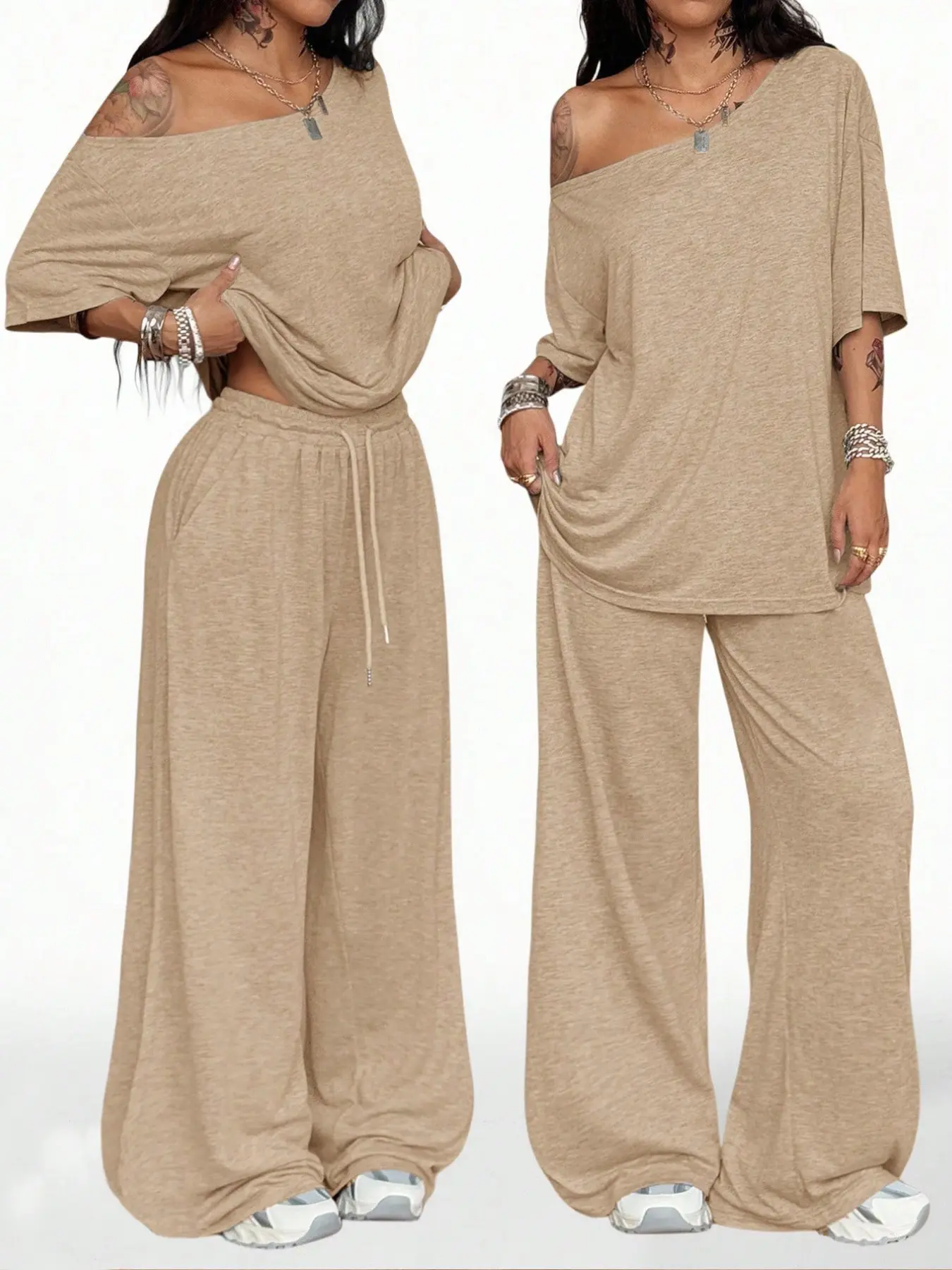 Women's Casual Solid Color Sport Two-Piece Set, Loose Long Pants & Wide Leg Slant Neck Pant Suit, Spring & Fall Fashion