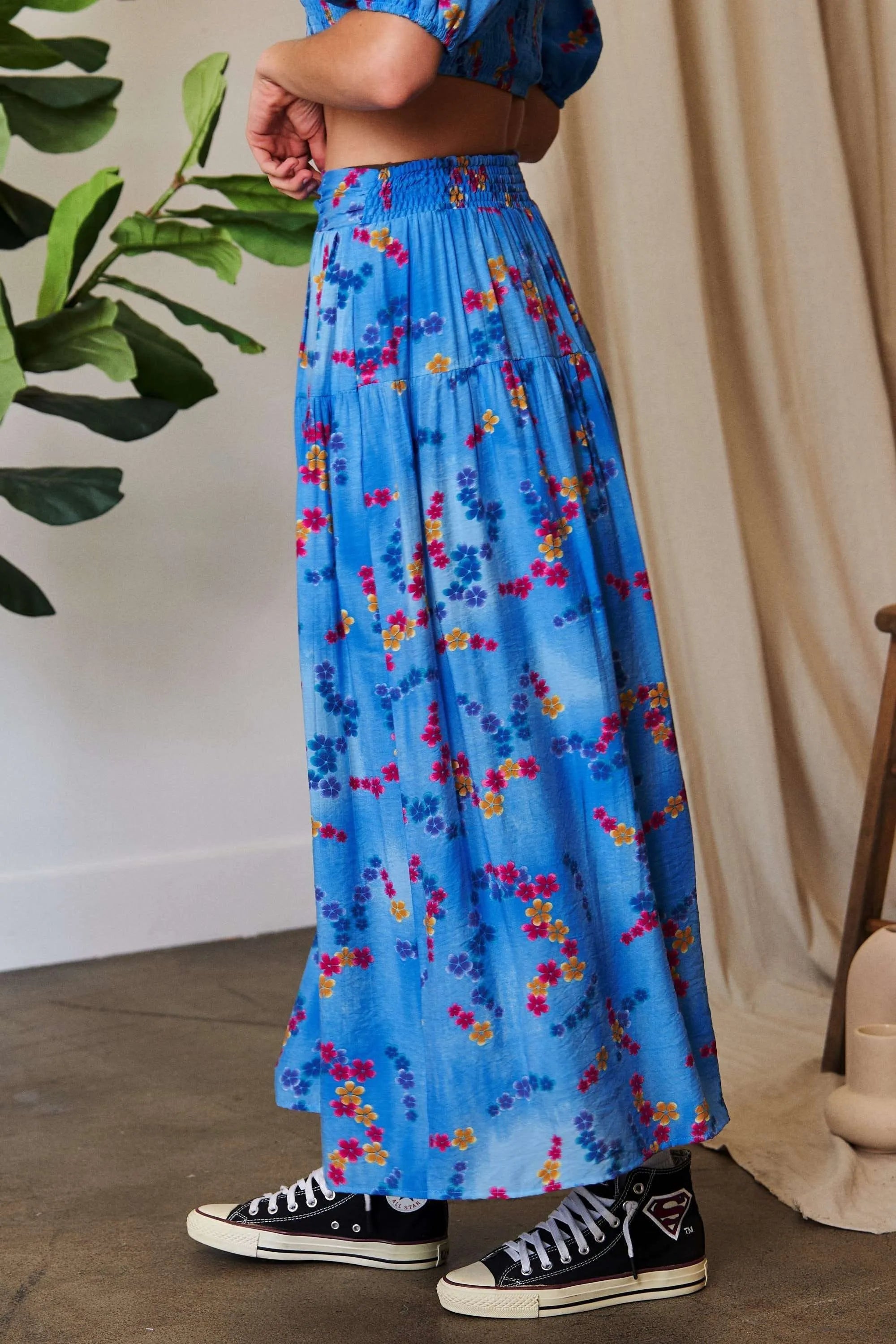 Printed Smocking Waistband Ruffled Maxi Skirt