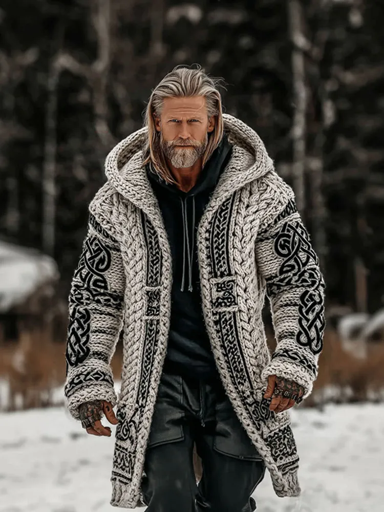 Men's Vintage Viking Celtic Knot Art Chunky Knit Mid-length Hooded Cardigan Sweater