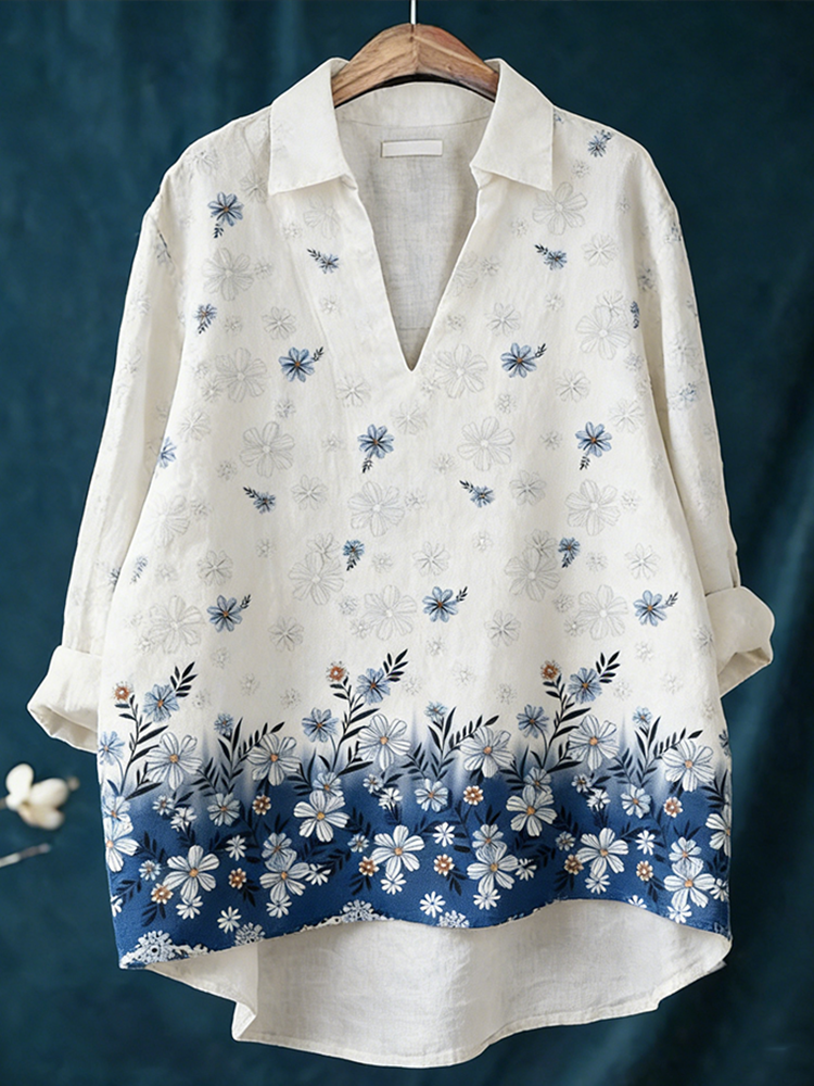 Bohemian Style Plant And Flower Pattern Printed Women's Retro Cotton And Linen Top