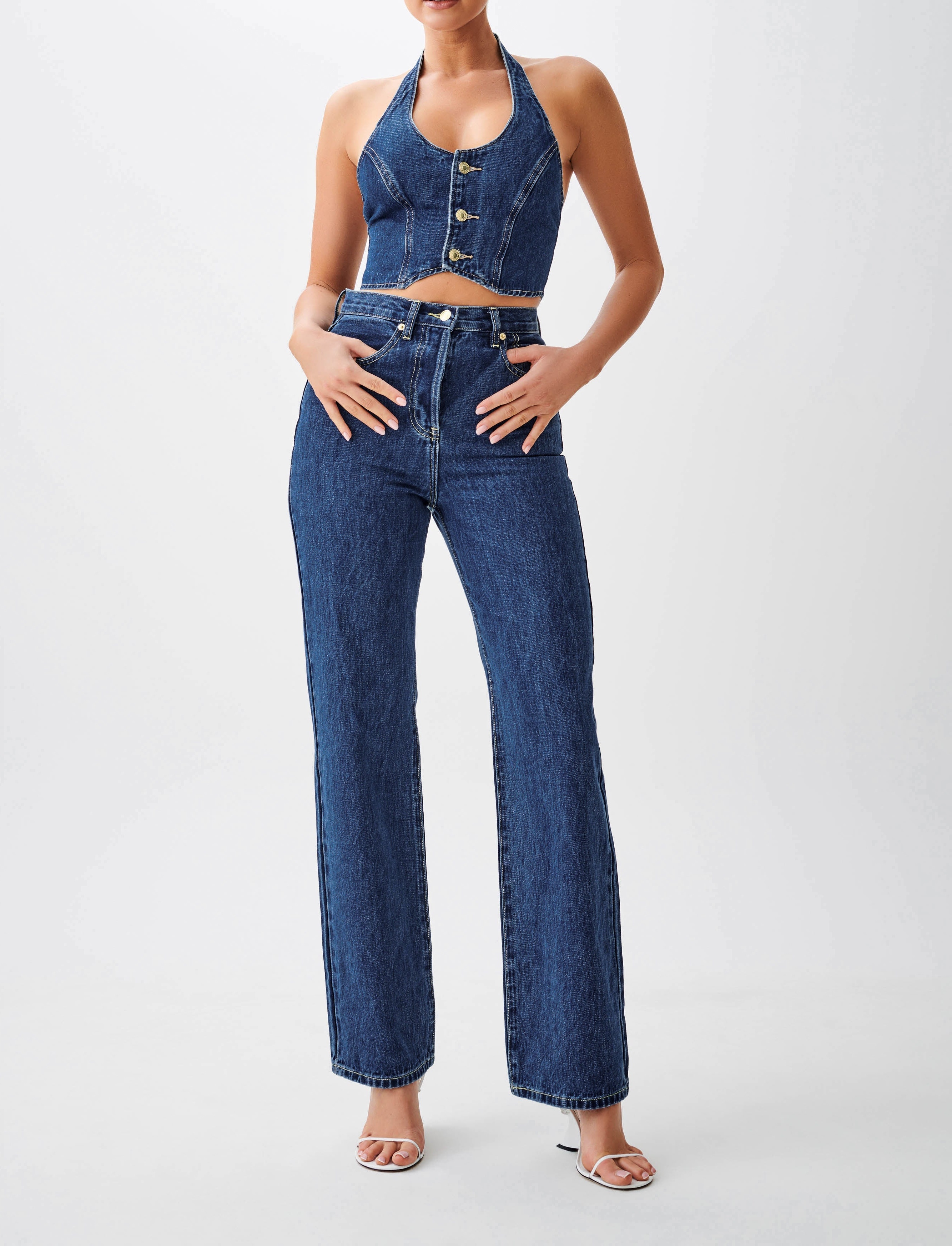 Blue High Waisted Straight Leg Jeans