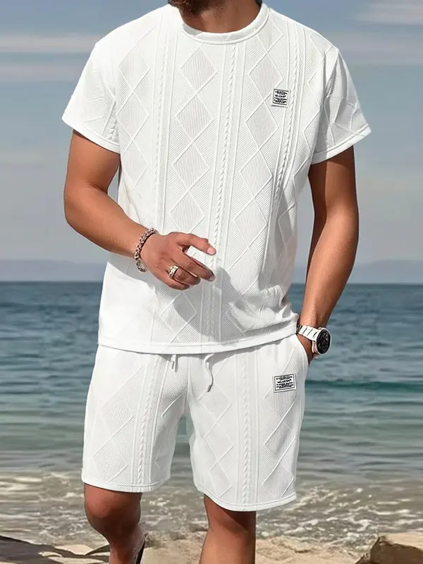 Men’s Summer 2-Piece Casual Sports Set – Breathable Jacquard T-Shirt & Shorts