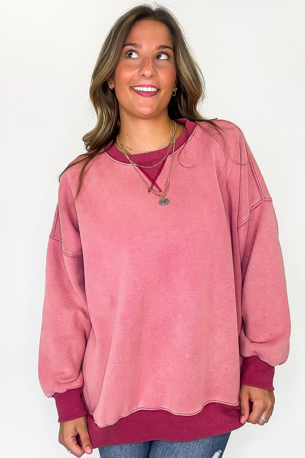 Oversized Ribbed Washed Fleece Sweatshirt