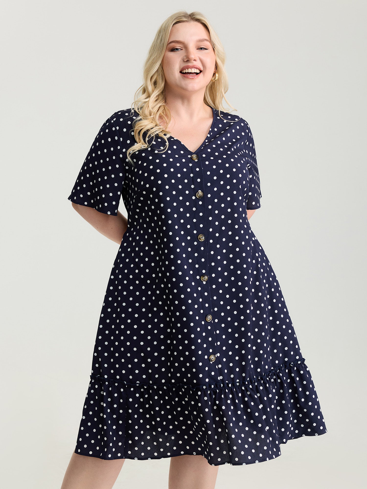 Polka Dots Charm Button Detail Mini Dress
