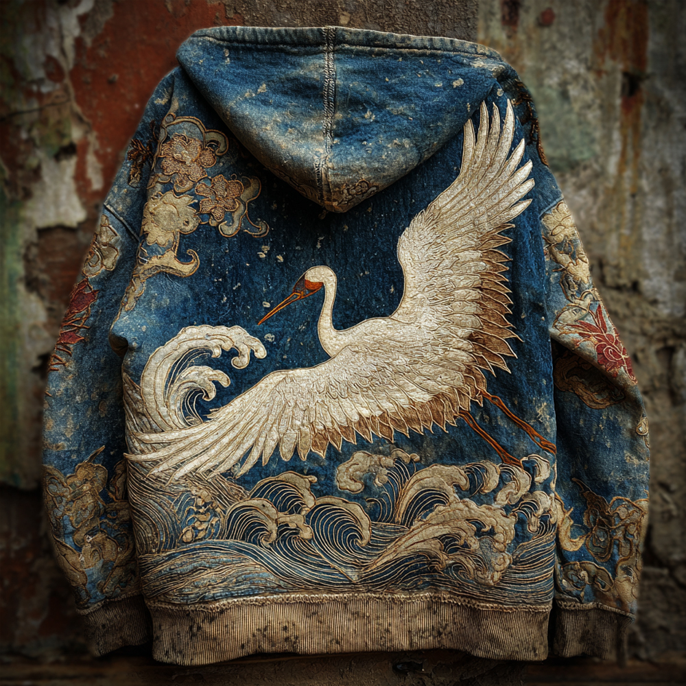 Vintage Japanese Crane Art Men's Hooded Sweatshirt