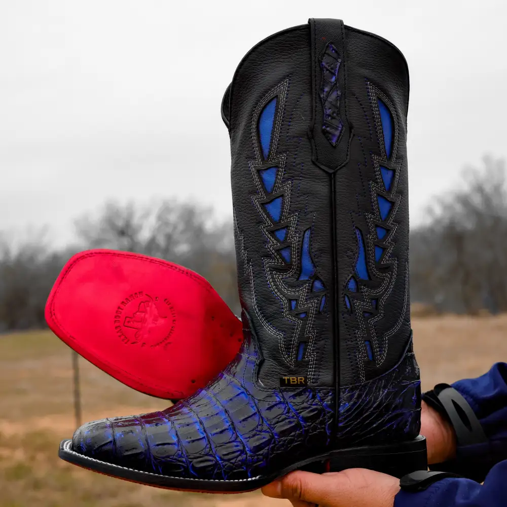 Black/Royal Blue Caiman Hornback Leather Boots - Square Toe