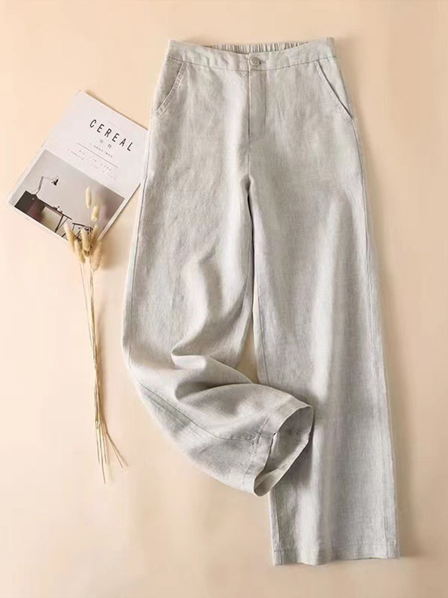 Women's Solid Color Half Elastic Waist Casual Cotton and Linen Wide Leg Pants