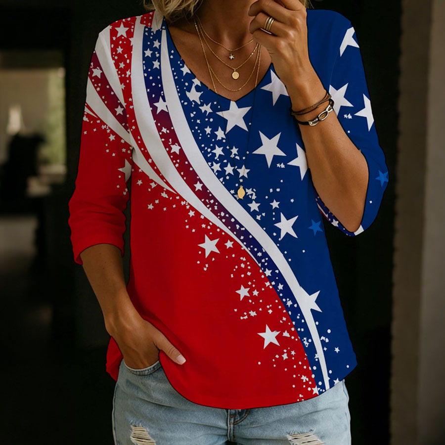 Women'S Independence Day 250Th Anniversary Founding Commemorative Print V-Neck Five Point T-Shirt