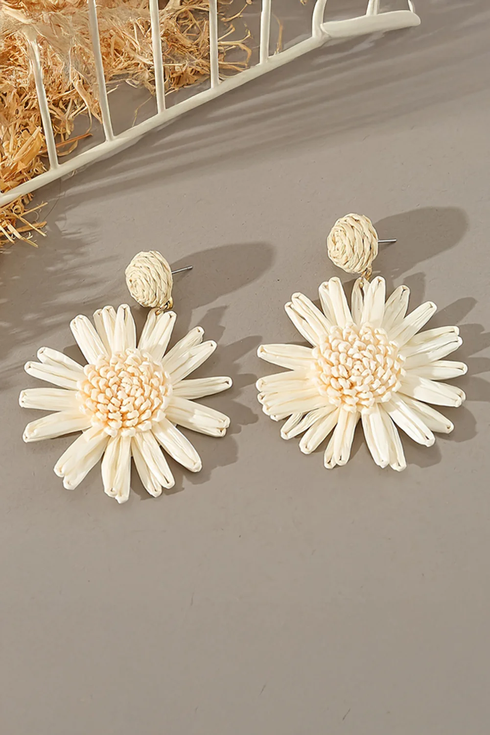 White Boho Raffia Crochet Sunflower Dangle Earrings