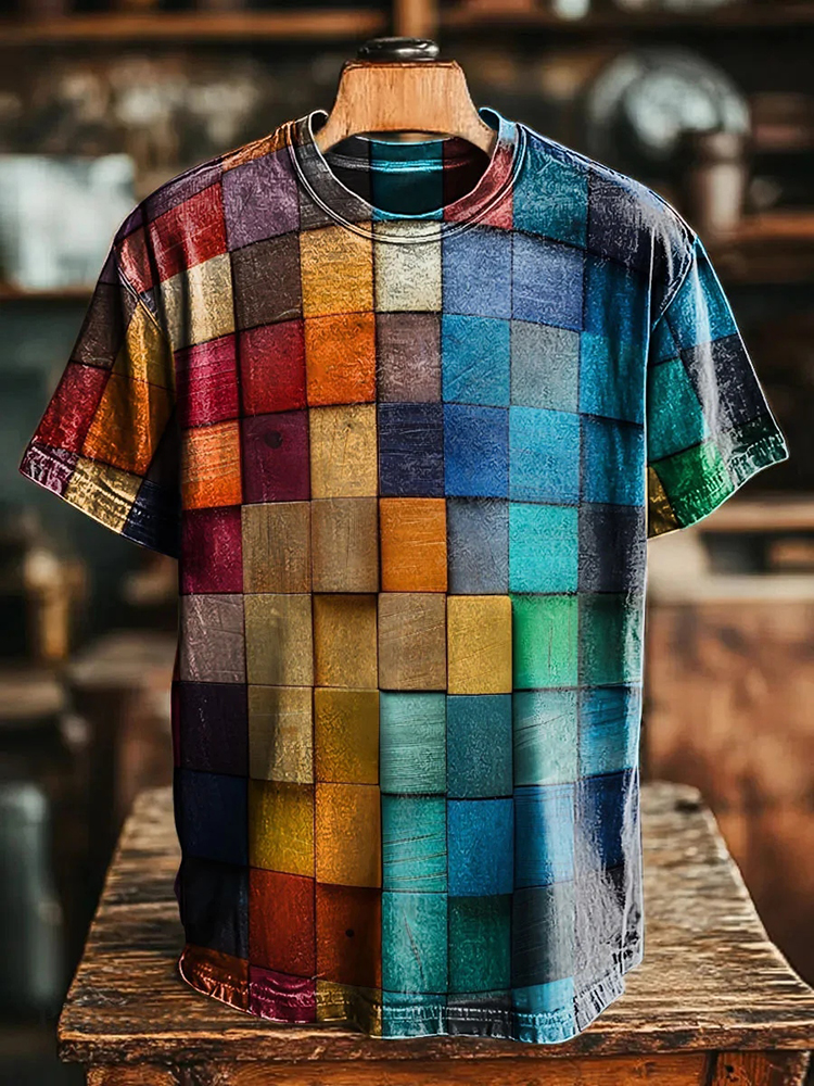Vintage Colorful Geometric Blocks Art Print Casual Loose T-shirt