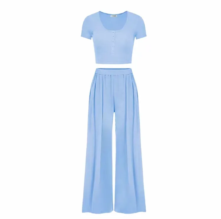 Women's Casual Co-ord Set – Slim Top & Wide Leg Pants