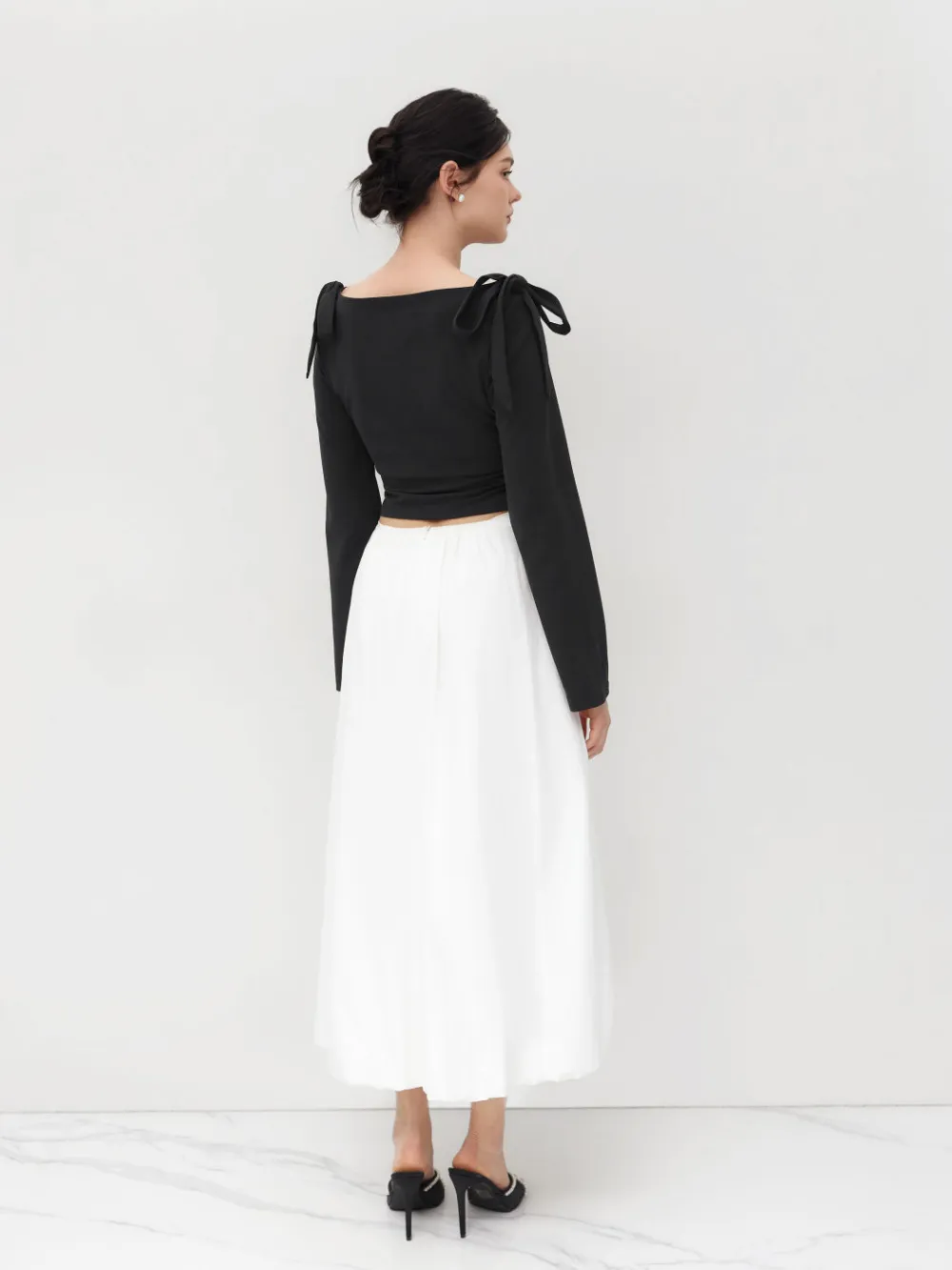 Boat Neck Gingham Bowknot Ruched Long Sleeve Top