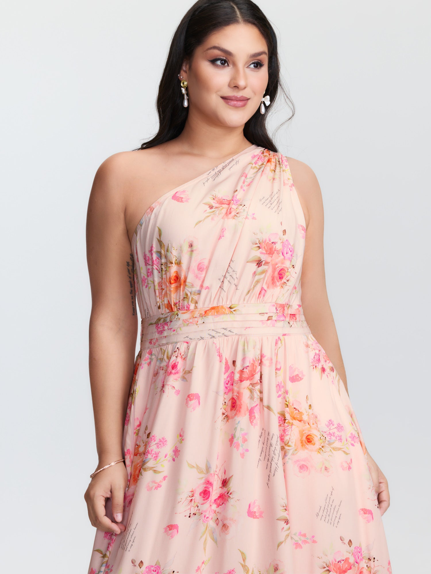 Letter Flower Print Shirred One-Shoulder Midi Dress