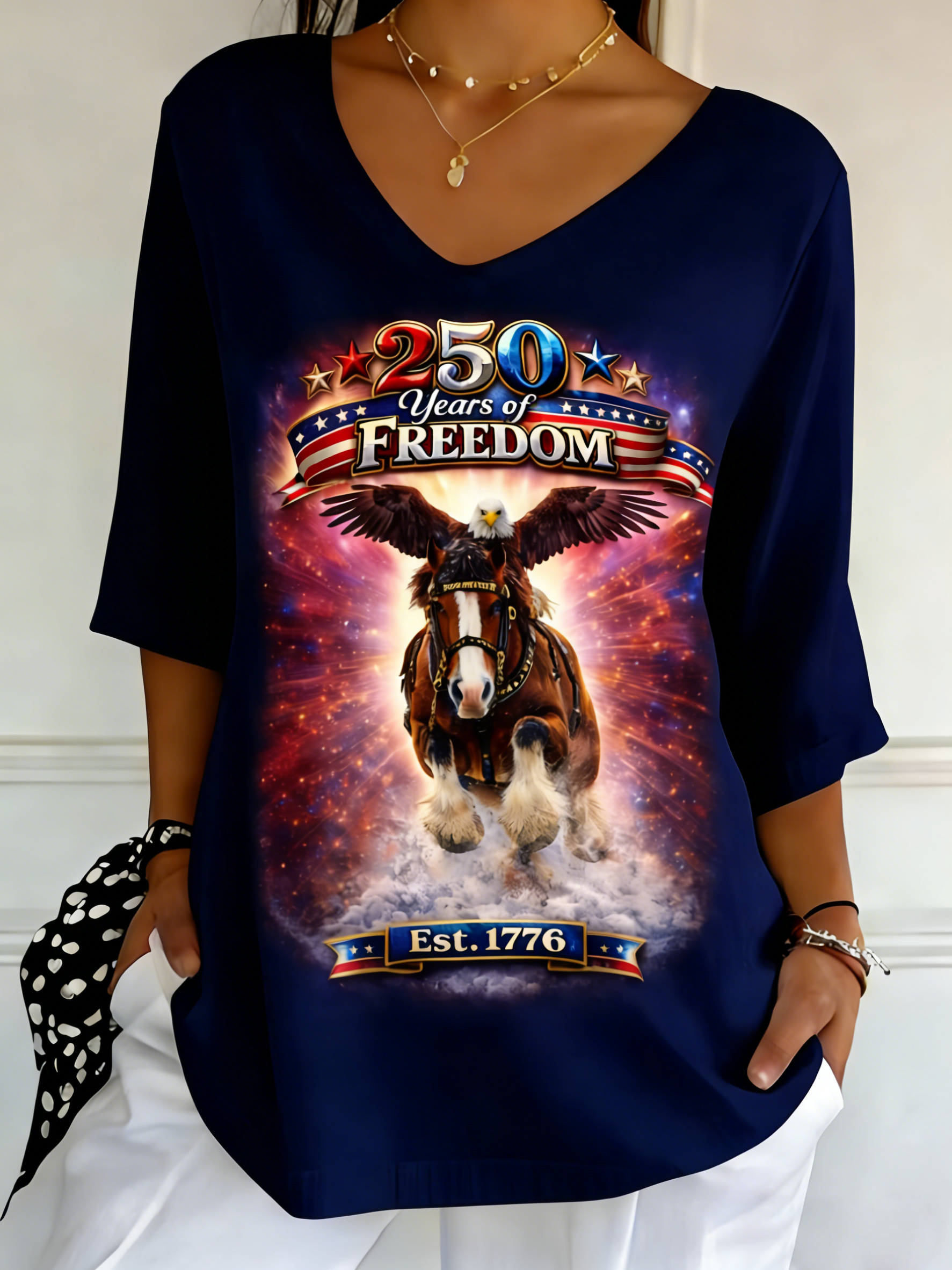 250 Years Of Freedom Patriotic Bald Eagle Clydesdale Horse 1776 Graphic V-Neck Top