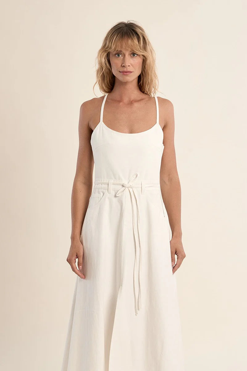 Tie Back Denim Dress in Off White