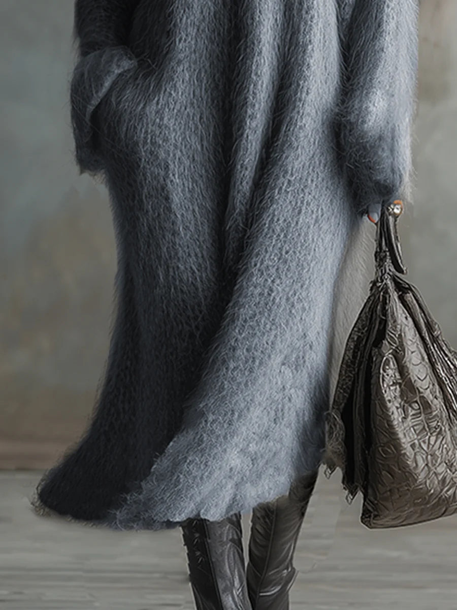 Comfortable Lazy V-neck Gray Imitation Rabbit Fur Knitted Long-sleeved Maxi Dress
