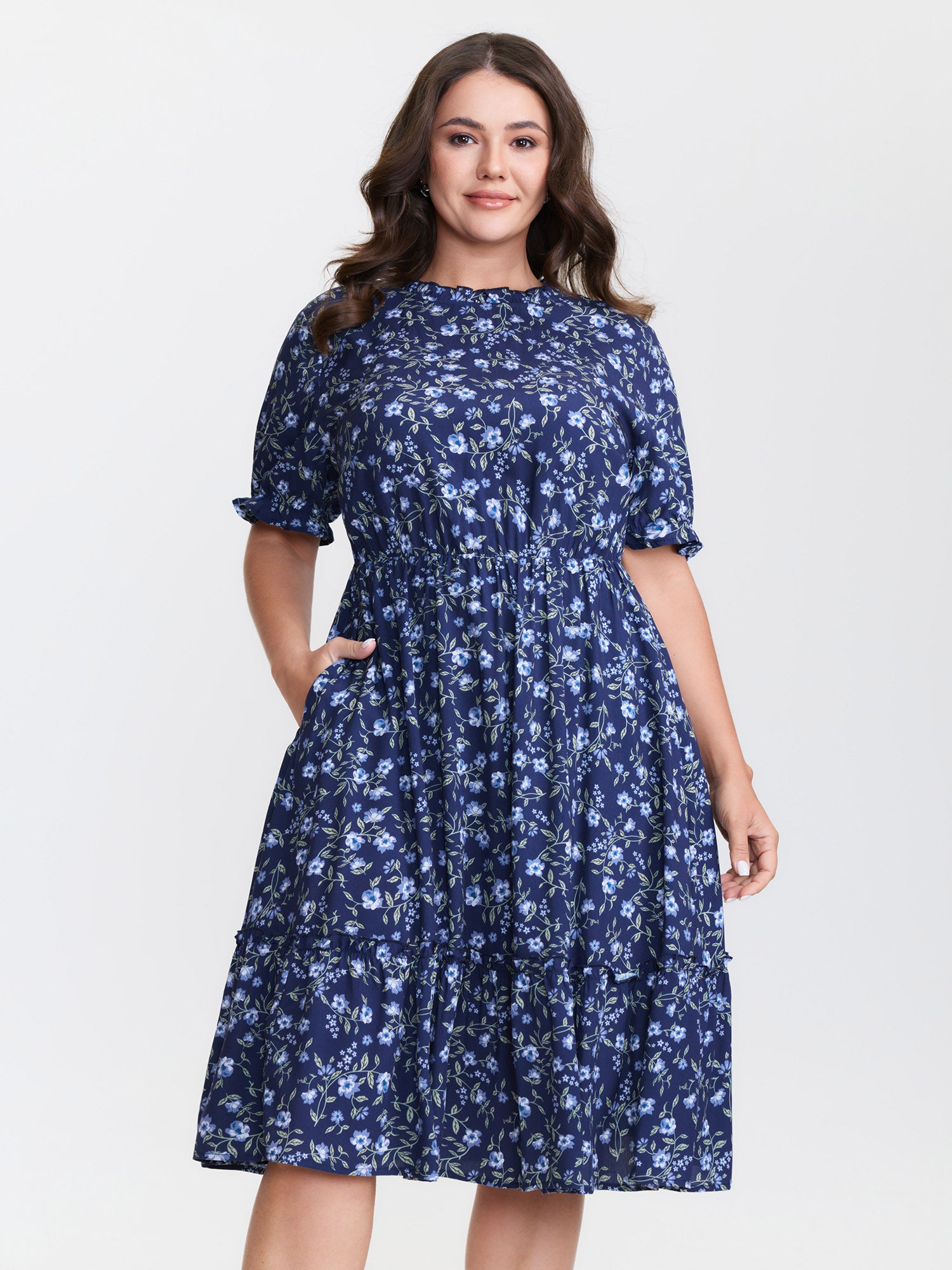 Spring Floral Print Pockets Midi Dress