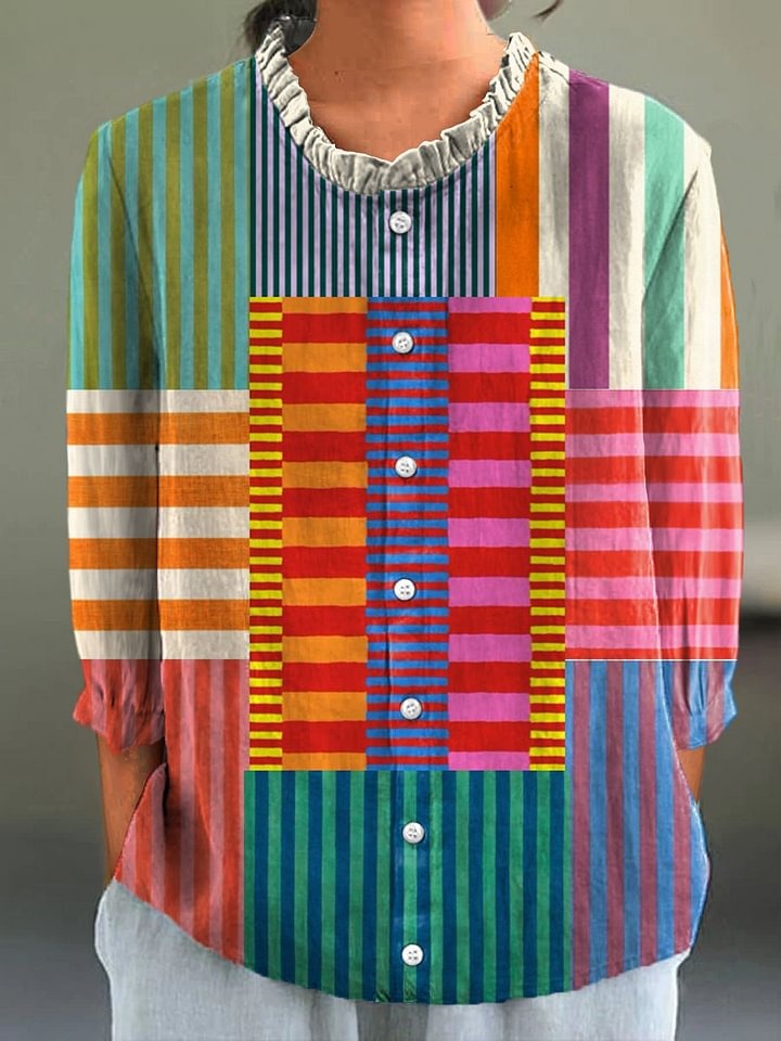 Women’s Colorful Patchwork Striped Cotton Linen 3/4 Sleeve Shirt