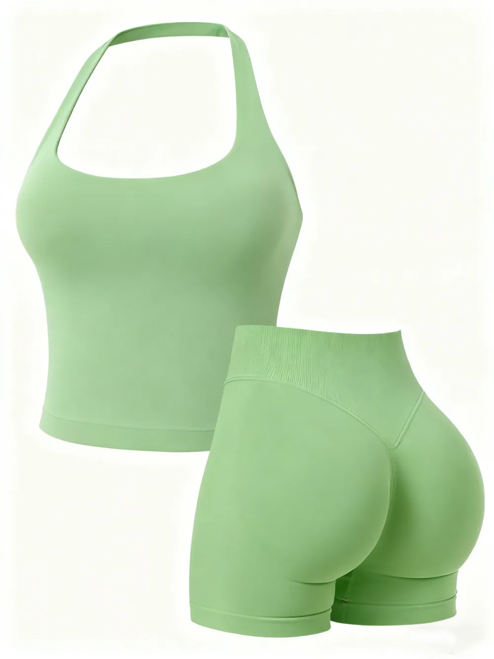 Two-Piece Set Women's Solid Color Halter Top & High Waist Shorts Sports Set