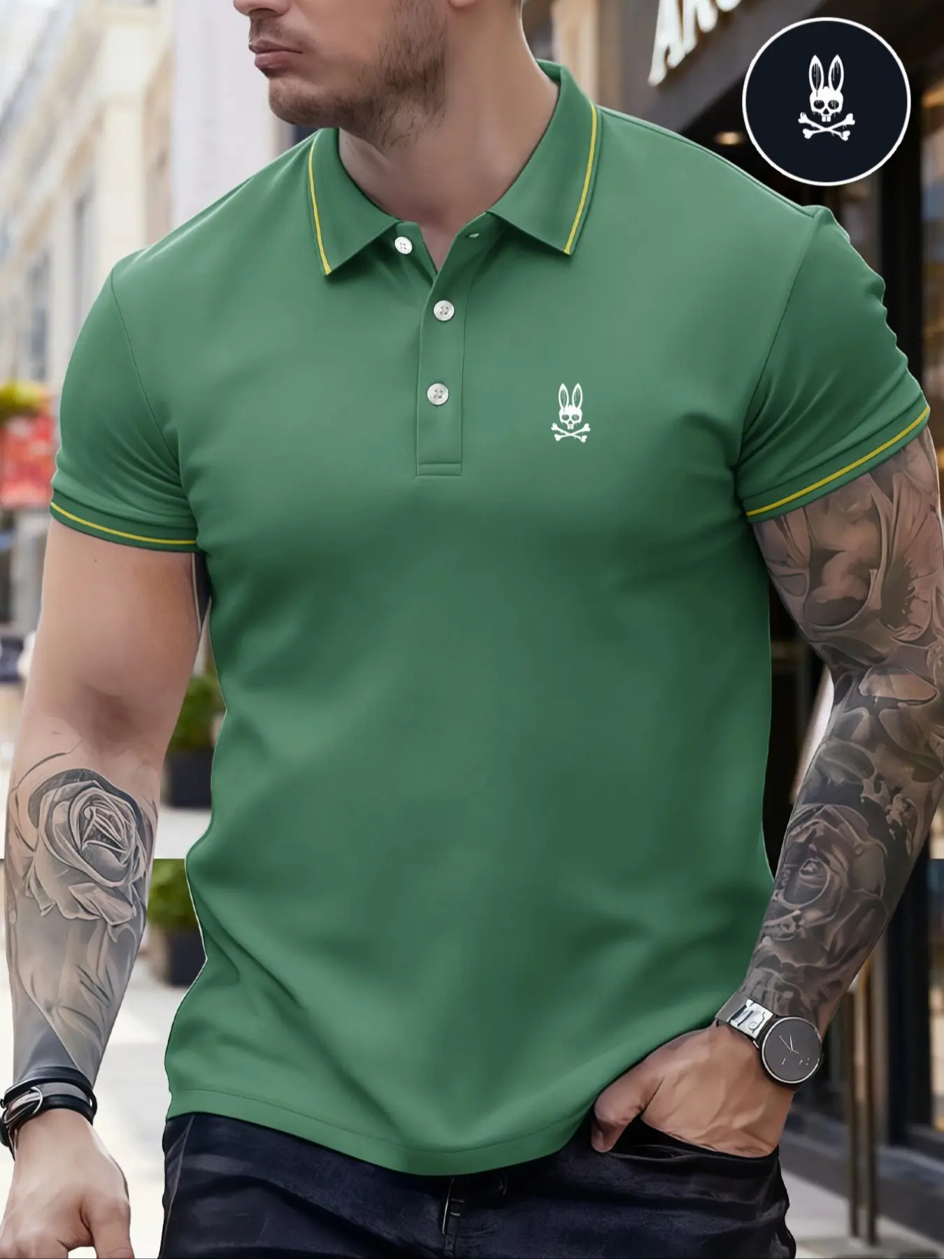 Men's Regular Fit Letter Print Skull Rabbit Contrast Trim Polo Shirt, Casual Short Sleeve Half Zip Top for Summer