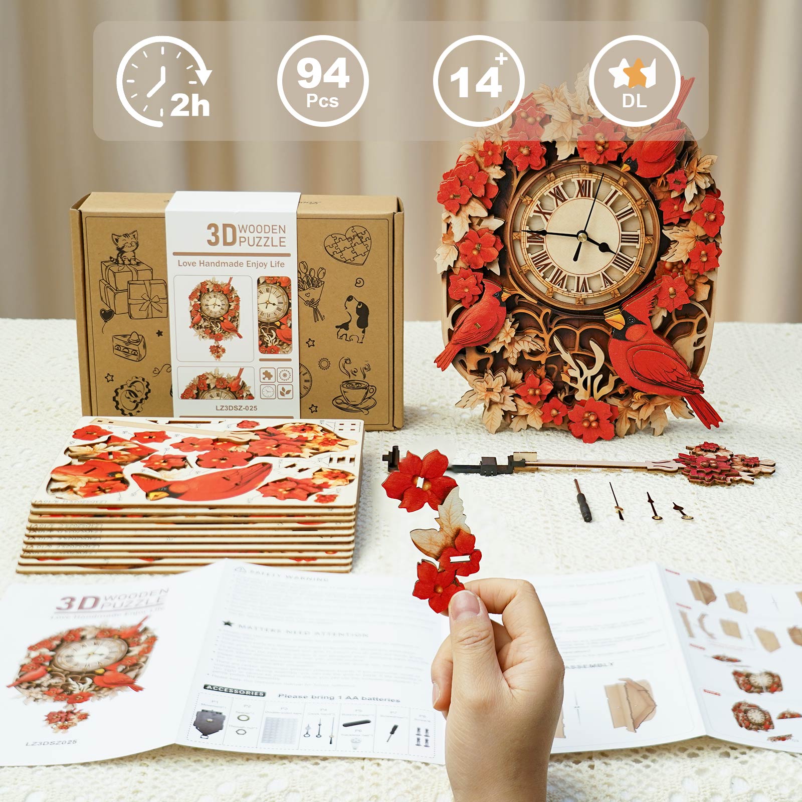 Cardinalâ€“ DIY Wooden Clock, 3D Puzzle Craft Kit