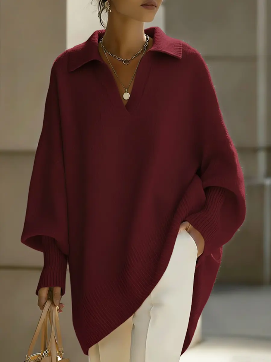 Women's Solid Color V-neck Long-sleeved Casual Loose-fitting Knitted Pullover Sweater