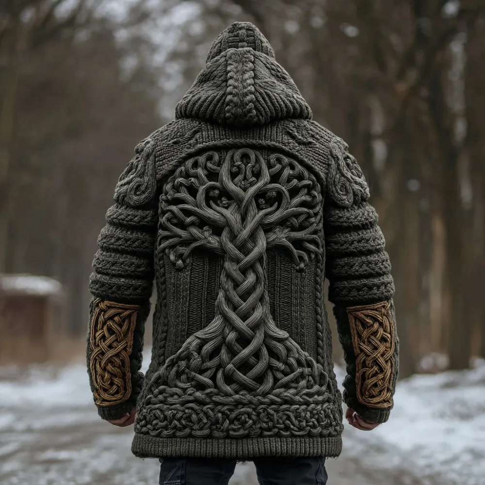 Men's Viking Celtic Knot Tree Of Life Knit Thick Zip Hooded Sweater