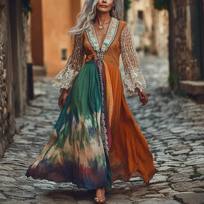 Vintage Loose Linen Patchwork Dress 7467