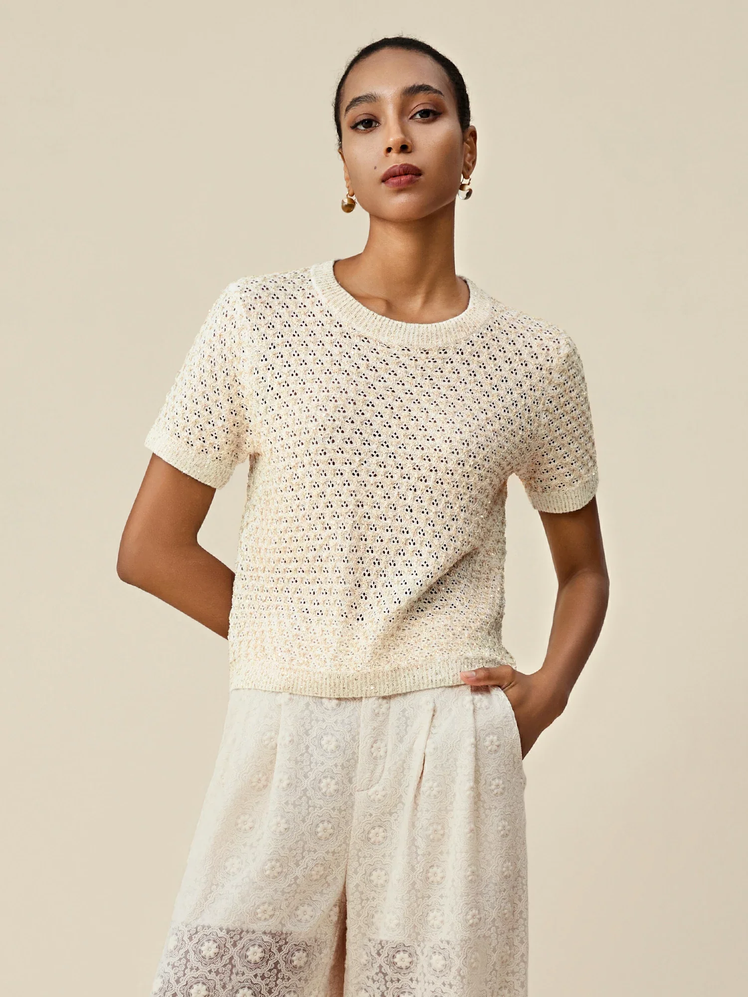 Mulberry Silk Openwork Sequin Knitted T-Shirt